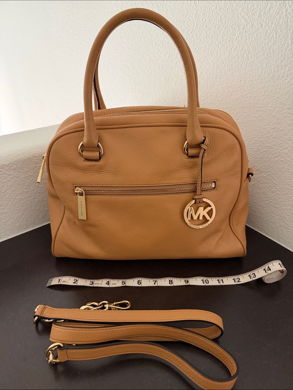 NWOT Michael Kors Light Gray Pebbled Leather Satchel with MK Charm & Chain Strap